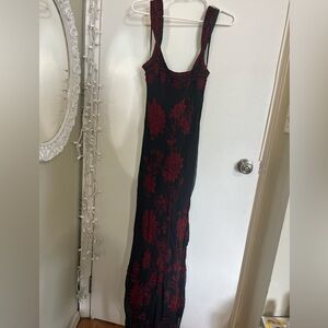 Adrianna Papell Black Maxi Dress with Red Beaded Floral Design